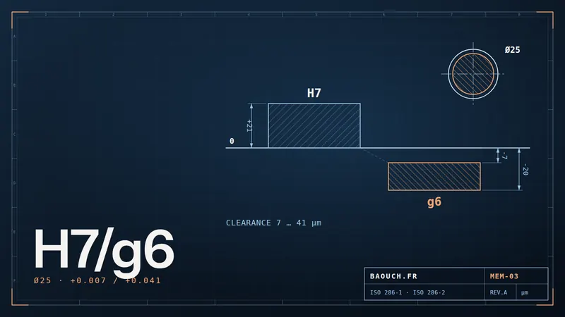 Technical drawing: tolerance zones of the H7/g6 fit at 25 mm diameter, 7 to 41 µm clearance