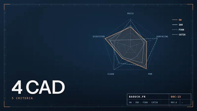 Technical drawing: radar chart comparing SOLIDWORKS, Inventor, Fusion 360 and CATIA on five criteria