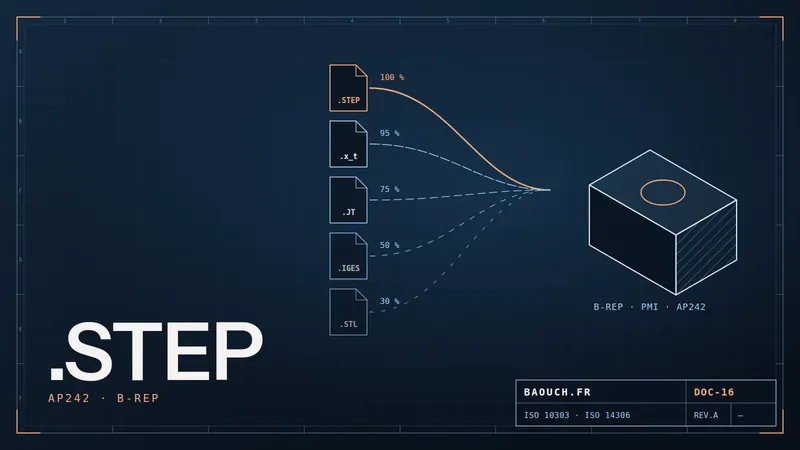 Technical drawing: STEP, Parasolid, JT, IGES and STL formats converging on a part, with their fidelity