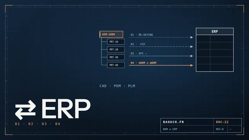 Technical drawing: the four integration architectures between the BOM and the ERP