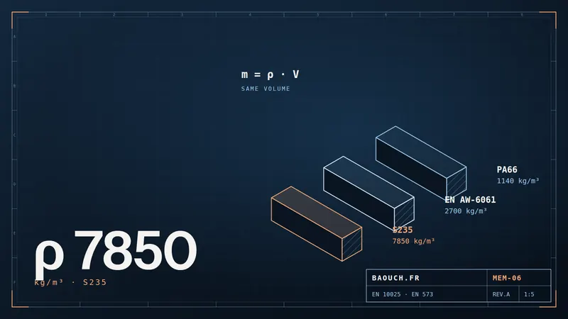 Technical drawing: three bars of equal volume in S235 steel, 6061 aluminium and PA66 polyamide with their densities