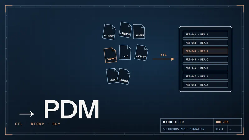 Technical drawing: scattered files migrated and deduplicated into the SOLIDWORKS PDM vault