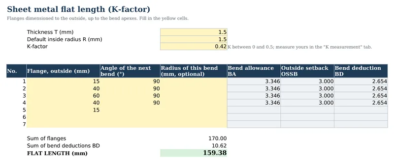 Screenshot of the Excel sheet metal flat length workbook: four bends, BA, OSSB and BD for every bend and the flat length