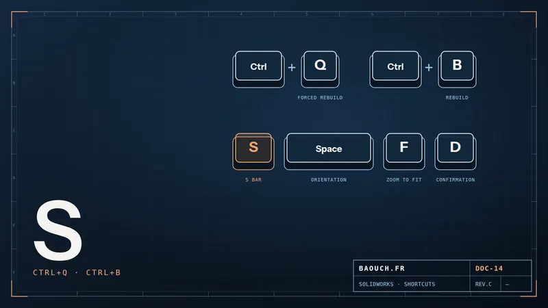 Technical drawing: SOLIDWORKS shortcut keys Ctrl+Q, Ctrl+B, S, Space, F and D