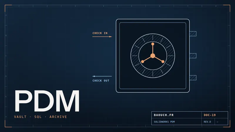 Technical drawing: safe door symbolising the SOLIDWORKS PDM vault, check-in and check-out