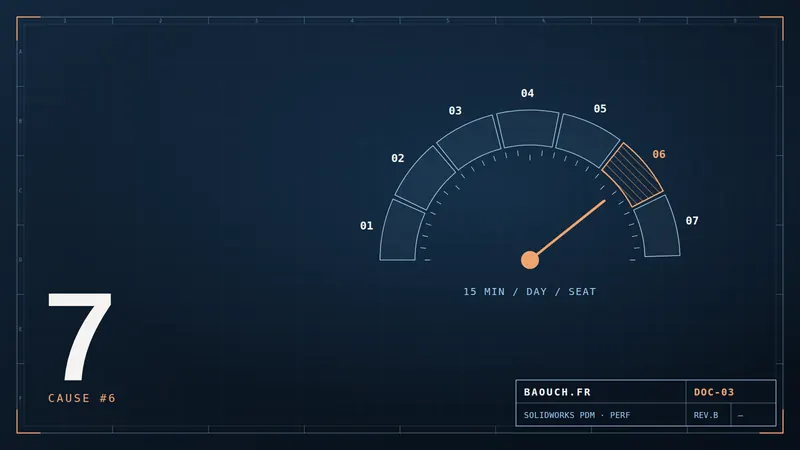 Technical drawing: seven-sector gauge highlighting the sixth cause of PDM slowness