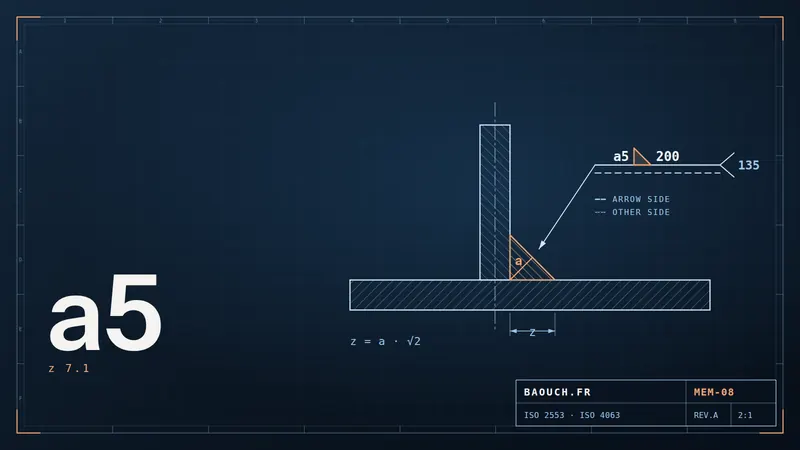 Technical drawing: T-joint with an a5 fillet weld and its ISO 2553 welding symbol (reference line, arrow side, process 135)