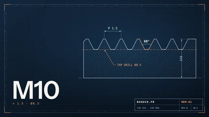 Technical drawing: 60° ISO metric thread profile of an M10 × 1.5 screw, pitch and Ø8.5 tap drill