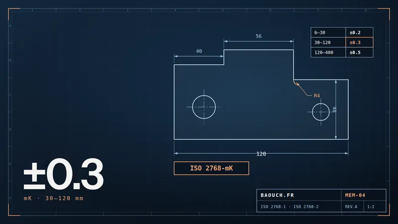 Technical drawing: part dimensioned without individual tolerances, ISO 2768-mK note and ±0.2 / ±0.3 / ±0.5 deviations