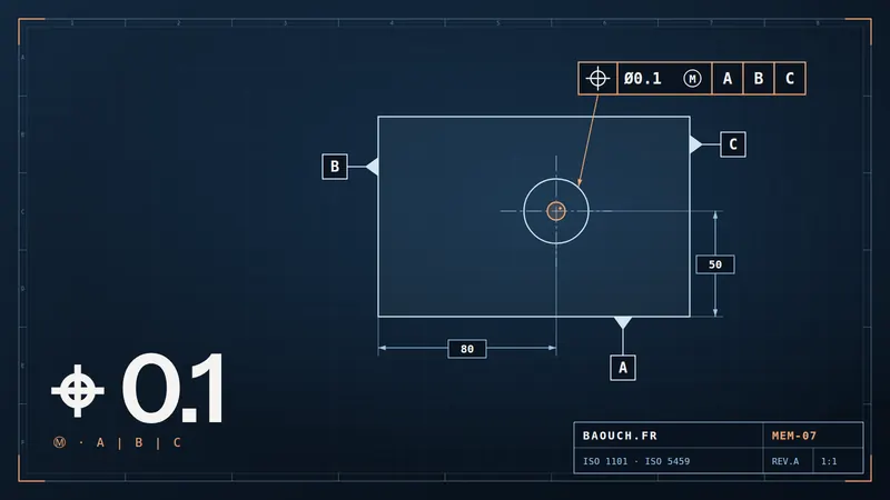 Technical drawing: Ø0.1 Ⓜ position tolerance frame relative to datums A, B, C on a drilled plate