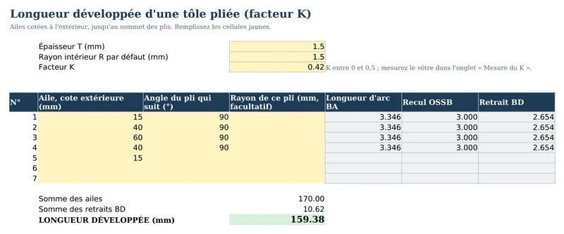 Capture du classeur Excel de développé de tôle : quatre plis, retraits BA, OSSB et BD de chaque pli et longueur développée